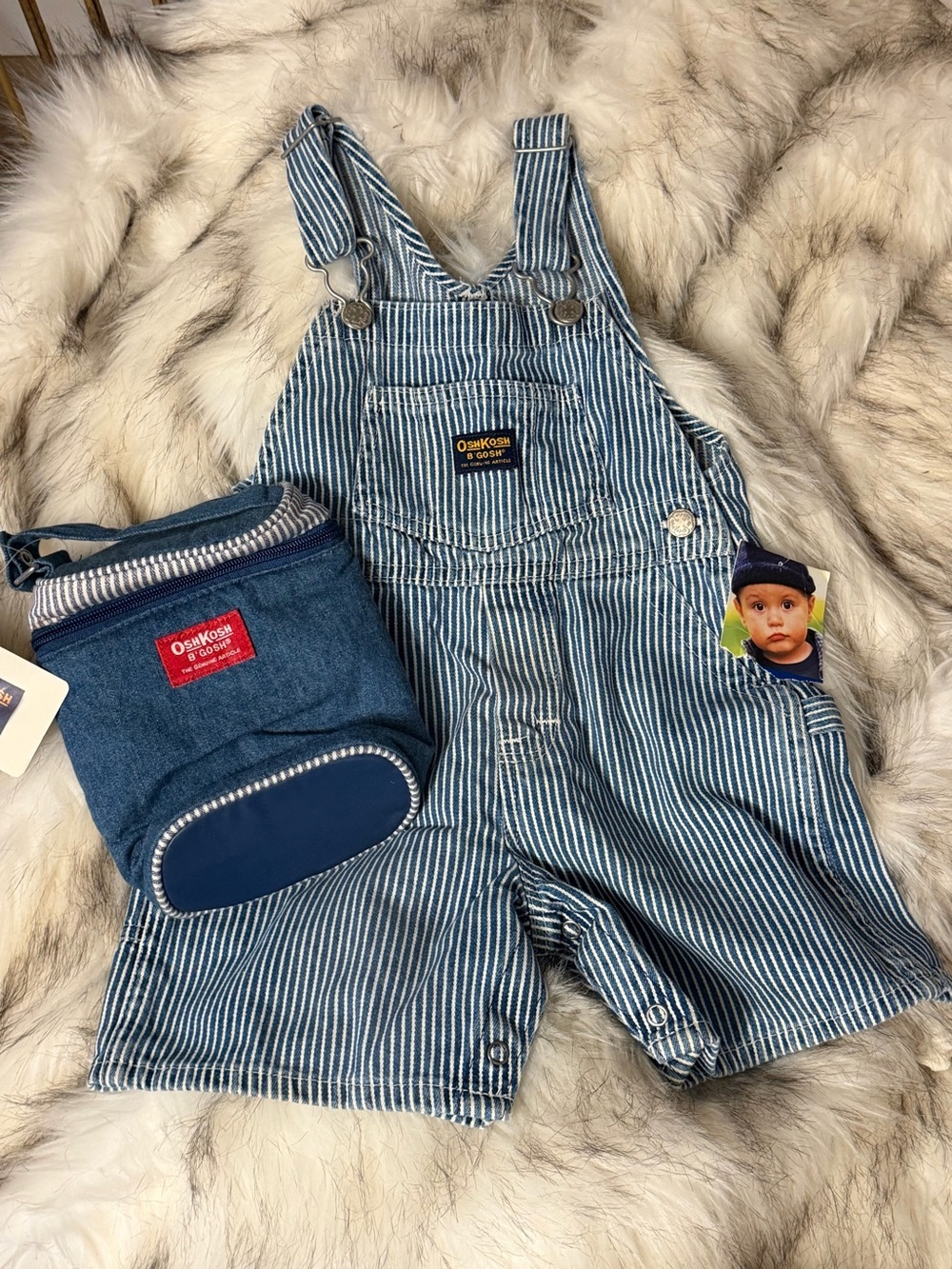 NWT OshKosh B'gosh Blue Striped Denim Shortalls for Kids and Bottle Bag